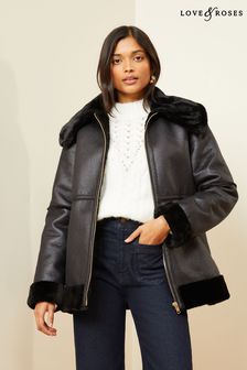 Love & Roses Faux Fur Lined Aviator Jacket