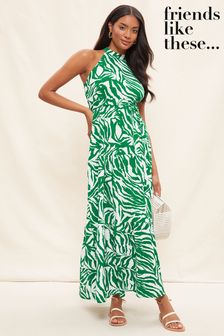 Friends Like These Green Animal Jersey Tiered Halter Maxi Dress (K58784) | LEI 239