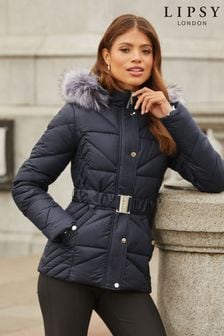 Navy Blue - Lipsy Short Belted Fur Hood Padded Coat (K58789) | kr1 170