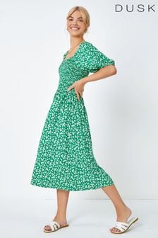 Dusk Green Ditsy Floral Print Shirred Milkmaid Dress (K58808) | €34