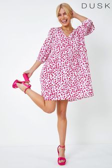Dusk Pink & White Floral Print Frill Detail Smock Dress (K58809) | OMR26