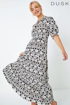 Dusk White & Black Spot Tie Neck Tiered Frill Midi Dress (K58813) | $94