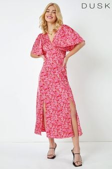Dusk Red & Pink Ditsy Floral Satin Midi Dress (K58817) | $94