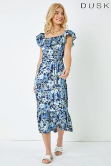 Dusk Blue Multi Ditsy Floral Bardot Midi Dress (K58819) | €38