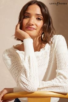 Love & Roses Ivory White Pointelle Knit Scallop Neck Jumper (K58850) | AED216