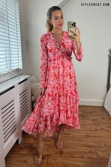 Style Cheat Pink Floral Birdie Frill Tie Back Dress (K58857) | €47