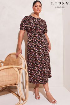 Цветочный - Трикотажное платье миди с короткими рукавами и пышными рукавами Lipsy Underbust (K58908) | €64