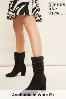 Friends Like These Black Wide Fit Block Heel Ruched Long Boots (K58989) | €70