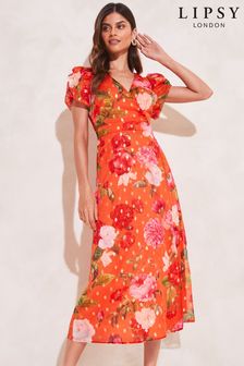 Lipsy Orange Floral Metallic Short Sleeve Wrap Midi Dress (K59252) | INR 6,838
