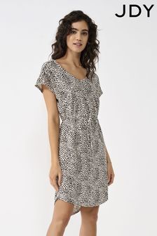 JDY Black/White Polka Dot V Neck Short Sleeve Curved Hem Mini Dress (K59662) | kr480