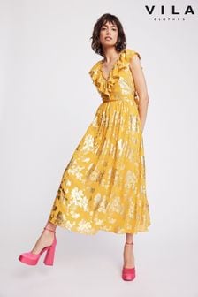 VILA Yellow Floral Foil Print Ruffle Occasion Maxi Dress (K59690) | €39
