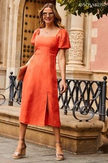 Sosandar Pink Sweetheart Neck Fit And Flare Midi Dress Contains Linen (K60023) | €43