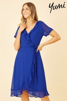 Синий - Платье с запахом и оборками Yumi (K60128) | €36
