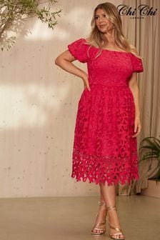 Chi Chi London Pink Bardot Premium Lace Fit and Flare Midi Dress (K60168) | kr1 650