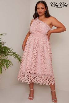 Chi Chi London Pink Curve One Shoulder Premium Lace Midi Dress (K60171) | €52