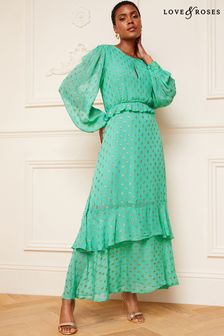 Love & Roses Green Metallic Long Sleeve Key Hole Front Ruffle Detail Midi Dress (K60255) | 95 €