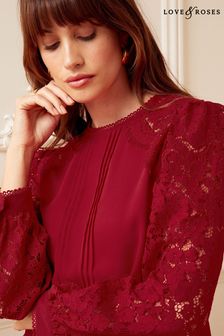 Love & Roses Berry Red Tie Back Long Sleeve Lace Blouse (K60267) | €21