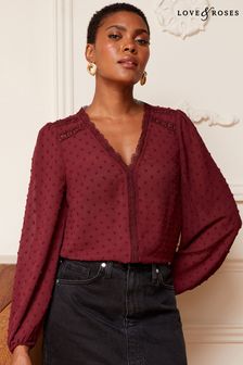 Красный - Кружевная блузка в горошек с длинными рукавами и V-образным вырезом Love & Roses (K60268) | €48