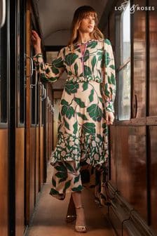 Love & Roses Cream and Green Long Sleeve Key Hole Front Ruffle Detail Midi Dress (K60274) | DKK242