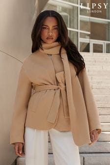 Lipsy Camel 2 in 1 Scarf Style Belted Pocketed Coat (K60413) | €52