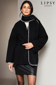 Lipsy Black White 2 in 1 Scarf Style Belted Pocketed Coat (K60414) | €38