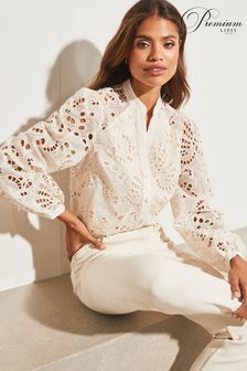Lipsy White Premium Cutwork Lace Grandad Collar Button Through Shirt (K60604) | €75