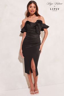 Črna - Lipsy nabrana bardot ovita srednje dolga obleka z razporkom (K60605) | €66