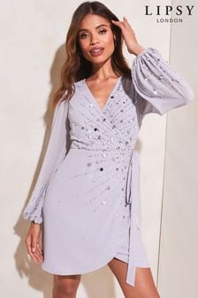 Lipsy Silver Petite Long Sleeve Sequin Wrap Shift Dress (K60612) | $115