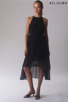 Religion Black High Low Halter Neck Sleeveless Merdian Dress (K60810) | AED433