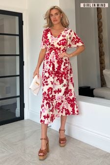 Girl In Mind Pink Floral Petite Gianna Angel Sleeve Tiered Midi Dress (K60832) | €29