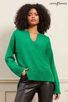 Zielony - Love & Roses dzianinowy sweter z długim rękawem i dekoltem w szpic (K61176) | 120 zł