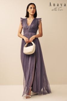 Anaya With Love Purple Plunge Neck Tulle Maxi Dress With Thigh Split (K61249) | €60