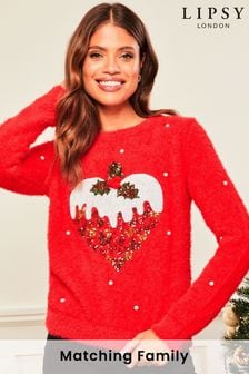 Red Pudding - Lipsy Cosy Christmas Festive Sequin Jumper (K61376) | kr570