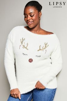 Lipsy Ivory White Reindeer Curve Cosy Christmas Festive Off The Shoulder Jumper (K61419) | €17