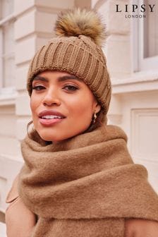 Lipsy Camel Cosy Knit Faux Fur Bobble Hat (K61509) | R153