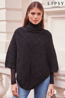 Lipsy Black Cosy Cable Knit Roll Neck Poncho (K61698) | $45