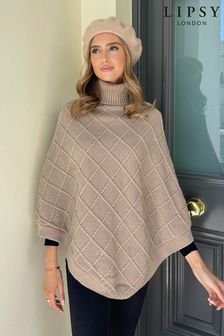 Lipsy Camel Cosy Cable Knit Roll Neck Poncho (K61699) | KRW54,300