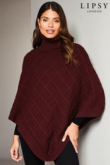 Beerenrot - Lipsy Kuscheliger Strick-Poncho mit Rollkragen und Zopfmuster (K61700) | 20 €