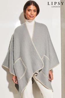 Lipsy Grey Soft Cosy Patch Pocket Tipped Whipstitch Cape (K61702) | 177 SAR