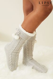 Lipsy Grey Chunky Cosy Cable Knitted Slipper Socks (K61887) | INR 1,680
