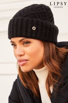 Lipsy Black Super Soft Knitted Hatch Beanie Hat (K61911) | R183
