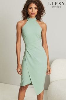 Lipsy Green Halter Neck Asymmetric Bodycon Dress (K61931) | 79 €