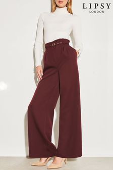 Lipsy Berry Red Paperbag Wide Leg Belted Tailored Trousers (K62054) | $80