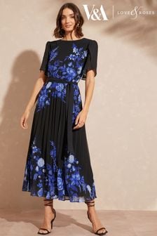 Love & Roses Black Floral Placement Printed Tulip Sleeve Belted Pleated Midi Dress (K62143) | INR 7,285