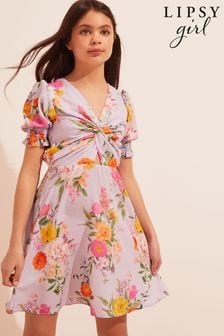Fioletowy - Kwiecista sukienka mini Lipsy z węzłem z przodu (K62230) | 75 zł - 97 zł