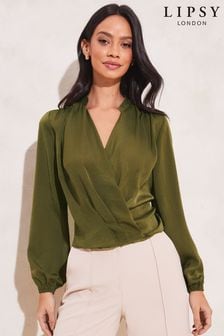 Lipsy Green Geometric Grandad Collar Long Sleeve Wrap Blouse (K62585) | €18