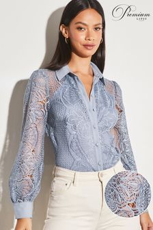 Lipsy Dusky Blue Premium Placed Lace Button Through Shirt (K62622) | €30