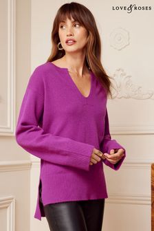 Love & Roses Dahlia Magenta Pink V Neck Long Sleeve Knitted Jumper (K62668) | €22