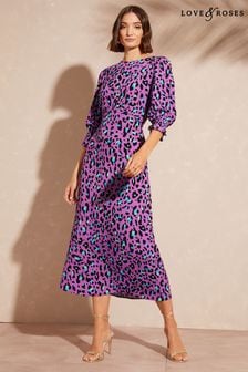 Love & Roses Purple Animal Empire Bust Round Neck Puff Sleeve Midi Summer Dress (K62670) | €32