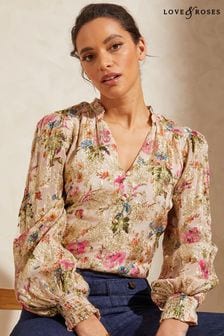 Love & Roses Metallic Floral Petite Frill Neck V Neck Long Sleeve Blouse (K62702) | €19.50